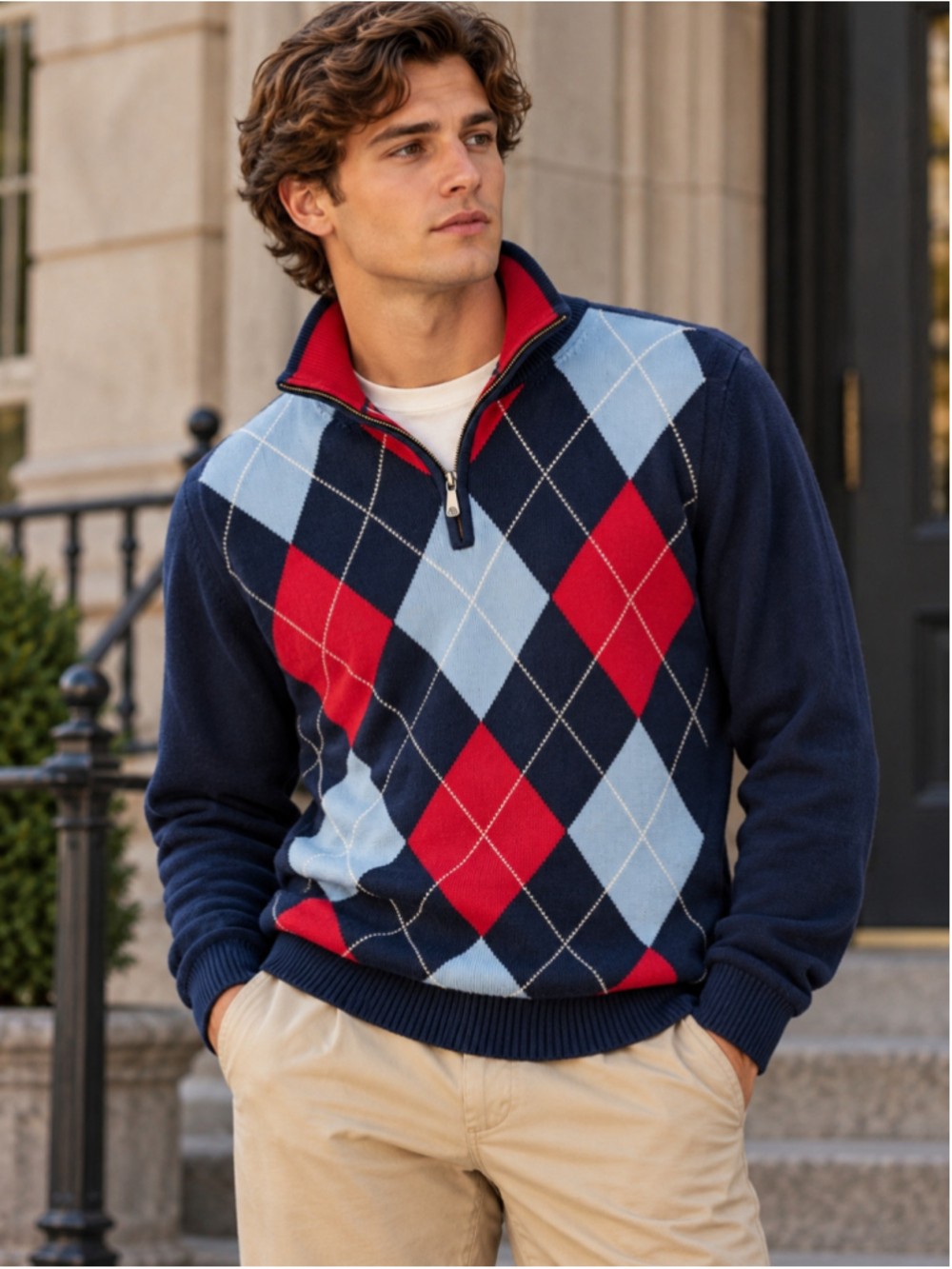 Brooks Brothers Country Club Argyle Quarter Zip Sweater Men's L Cotton Preppy
